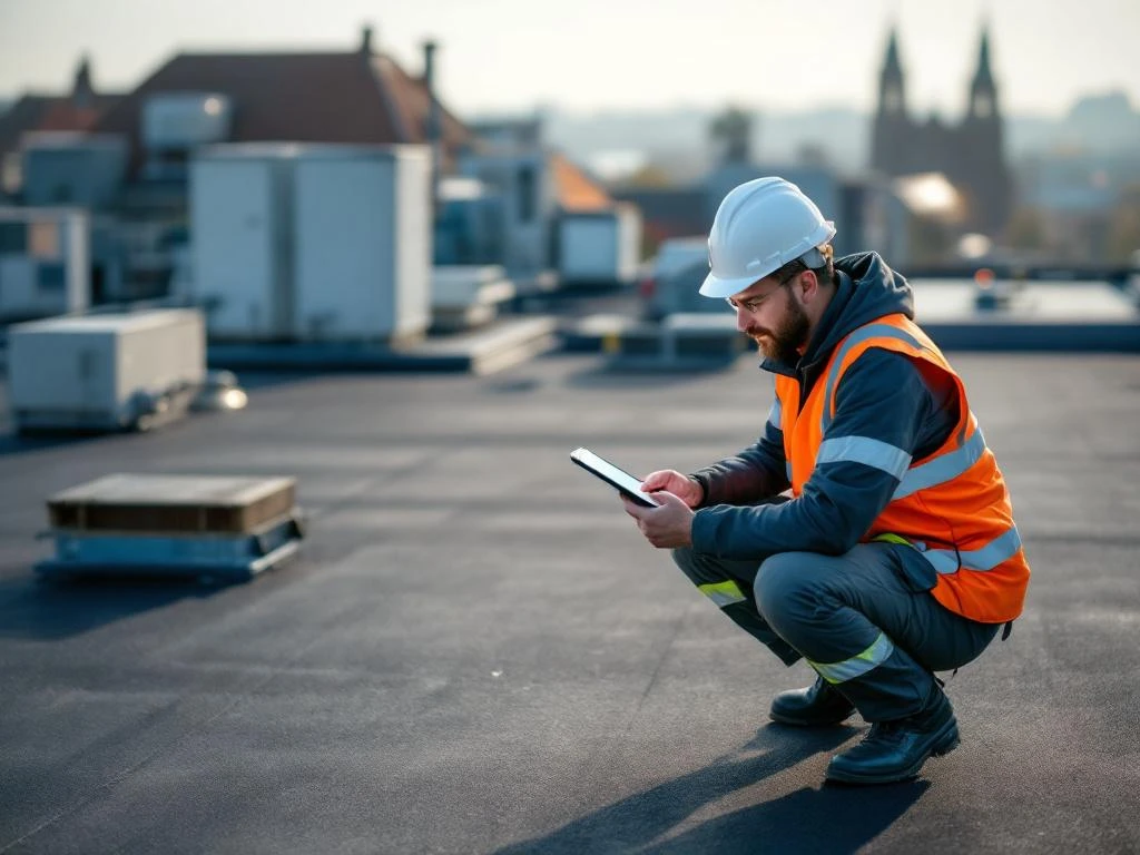 Professionele dakspecialist in veiligheidsvest inspecteert membraandak met tablet, HVAC-installaties op achtergrond