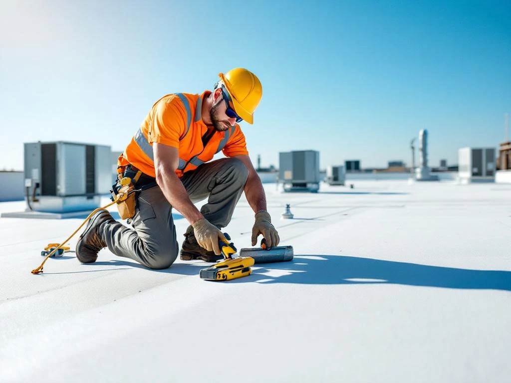 Professionele dakdekker in veiligheidsuitrusting inspecteert plat dak met gereedschap, HVAC-units zichtbaar op achtergrond