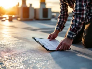 Professionele dakdekker inspecteert modern plat dak met checklist, HVAC-units zichtbaar op commercieel gebouw