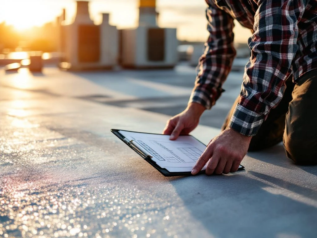 Professionele dakdekker inspecteert modern plat dak met checklist, HVAC-units zichtbaar op commercieel gebouw