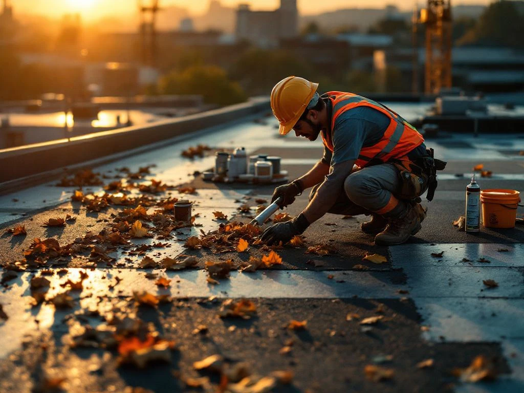 Professionele dakdekker in veiligheidsuitrusting inspecteert plat dak tijdens zonsondergang met onderhoudsgereedschap