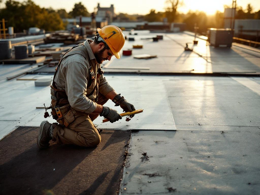 Bouwvakker inspecteert plat dak met meetgereedschap tijdens dakrenovatie met waterdicht membraan materiaal