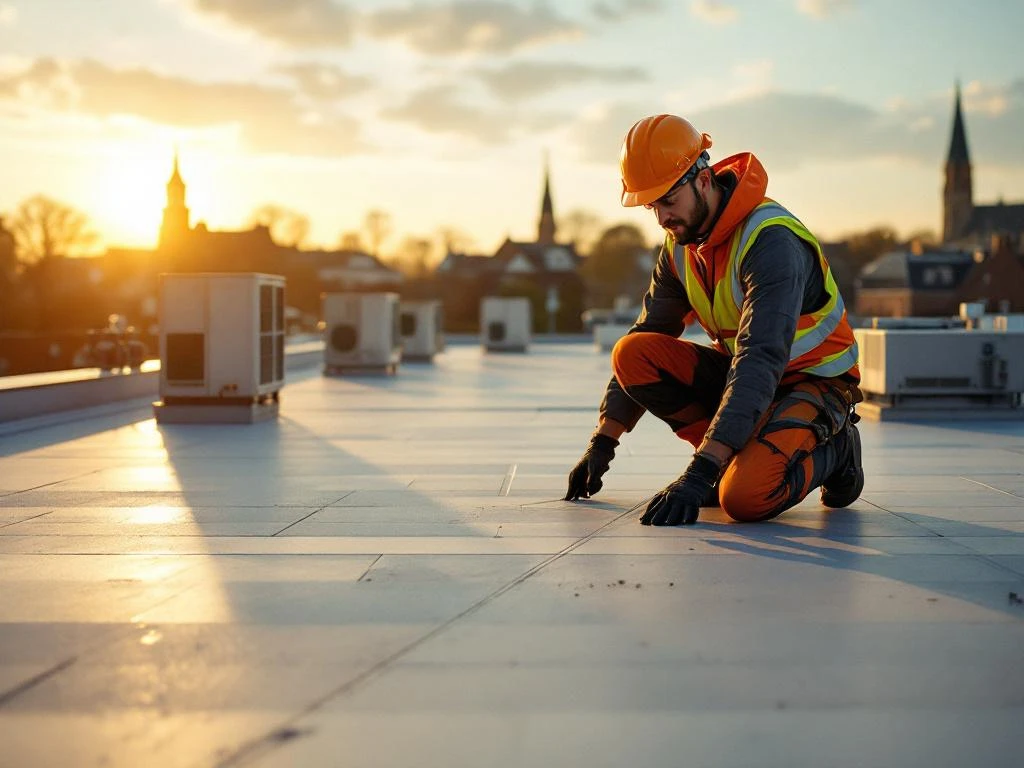 Dakspecialist inspecteert plat commercieel dak met HVAC-systemen, Woerden's historische architectuur op achtergrond