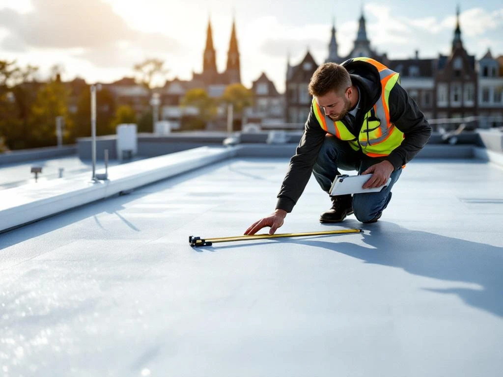 Professionele dakinspecteur in veiligheidsvest onderzoekt plat commercieel dak met meetgereedschap, Amsterdam op achtergrond