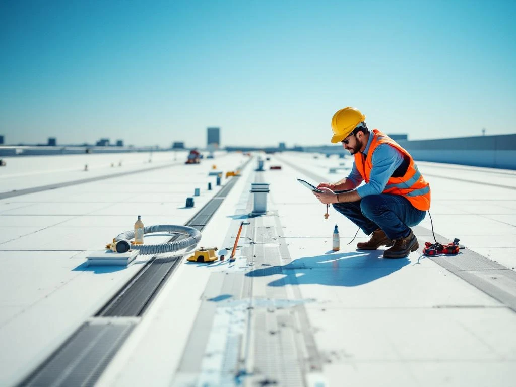 Professionele dakinspecteur in veiligheidsvest onderzoekt afwateringssysteem op wit commercieel plat dak met tablet