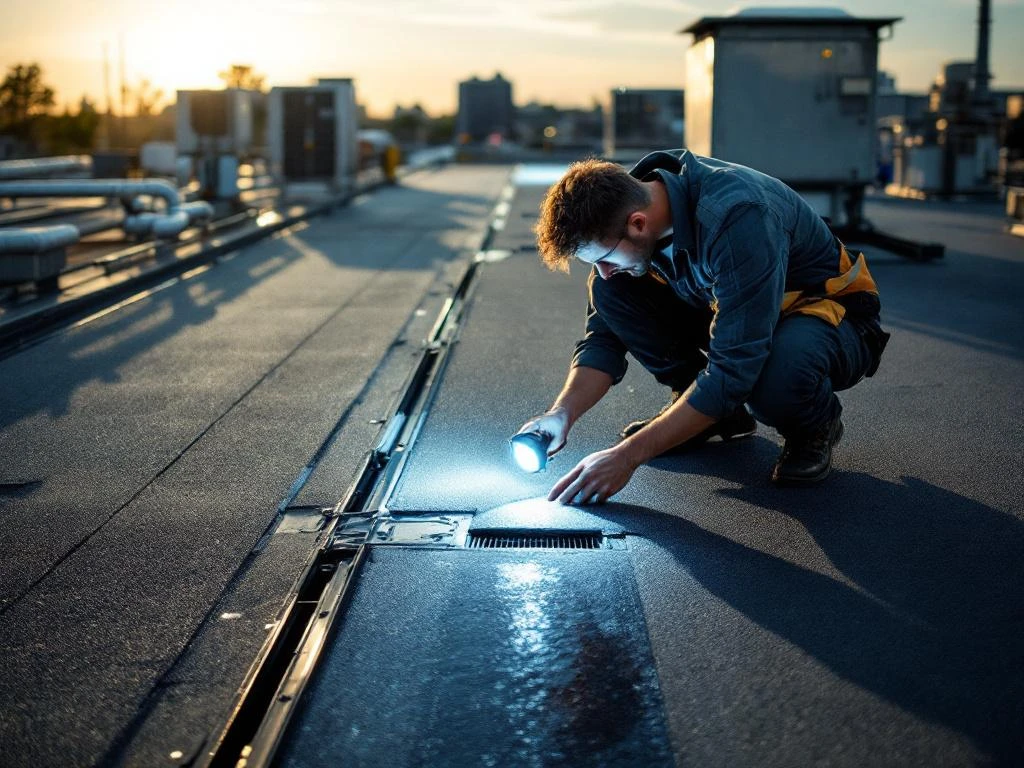 Dakdekker inspecteert plat dak membrane met zaklamp, controleert naden en afvoer op industrieel gebouw met HVAC-units