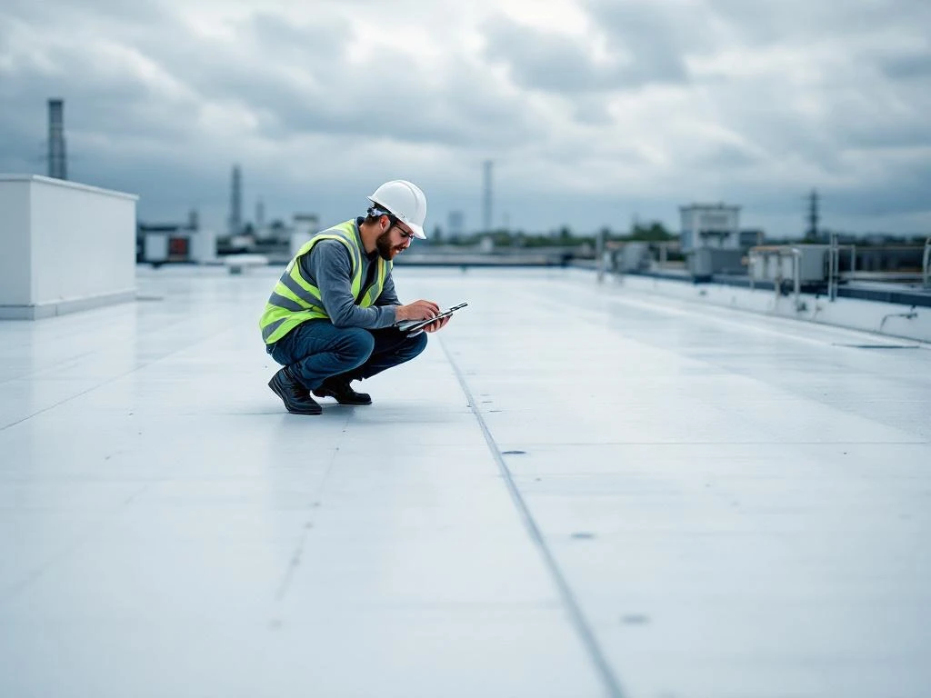 Bouwprofessional inspecteert EPDM rubberroofing met tablet op plat dak, drainage en dakuitrusting zichtbaar op achtergrond