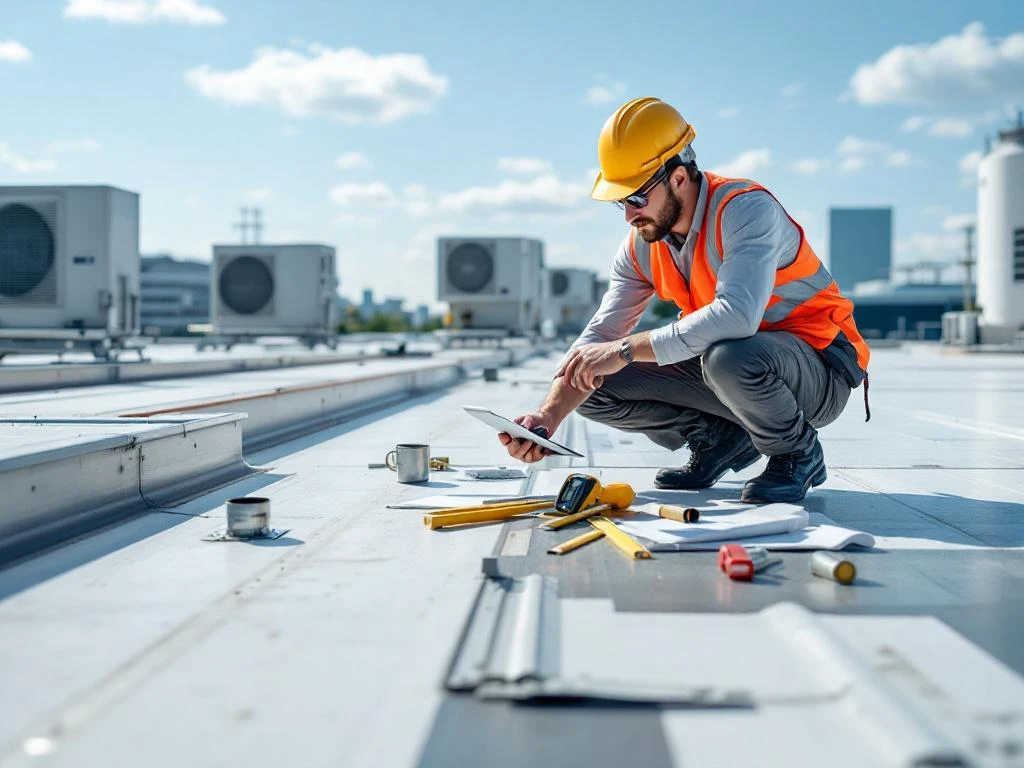 Professionele dakdekker in veiligheidshelm inspecteert dakmembraan en boeidelen met digitale tablet op plat dak