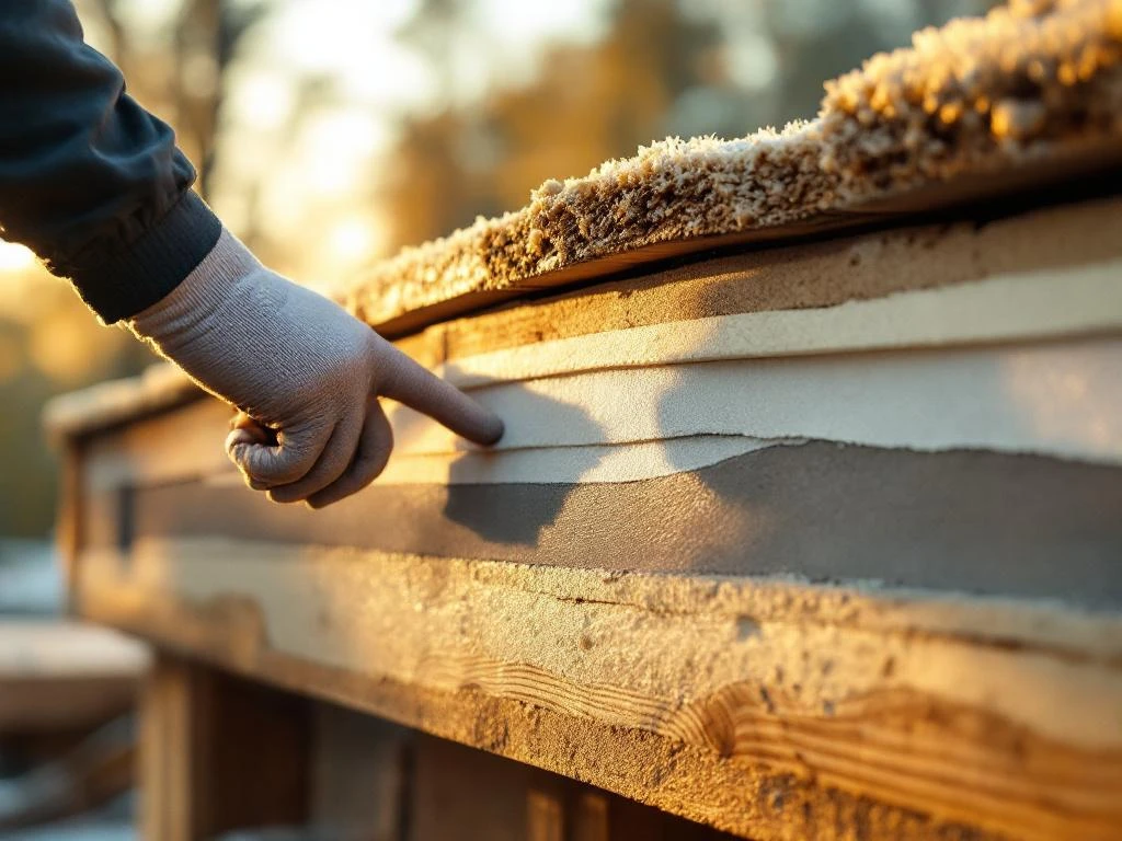 Dwarsdoorsnede van plat dak met isolatiemateriaal, schuimplaten en reflecterende lagen tussen houten balken