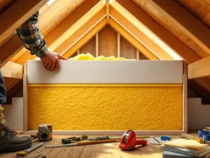 Bouwvakker installeert isolatieplaten tussen houten dakbalken in moderne huisdakconstructie met gereedschap op vloer