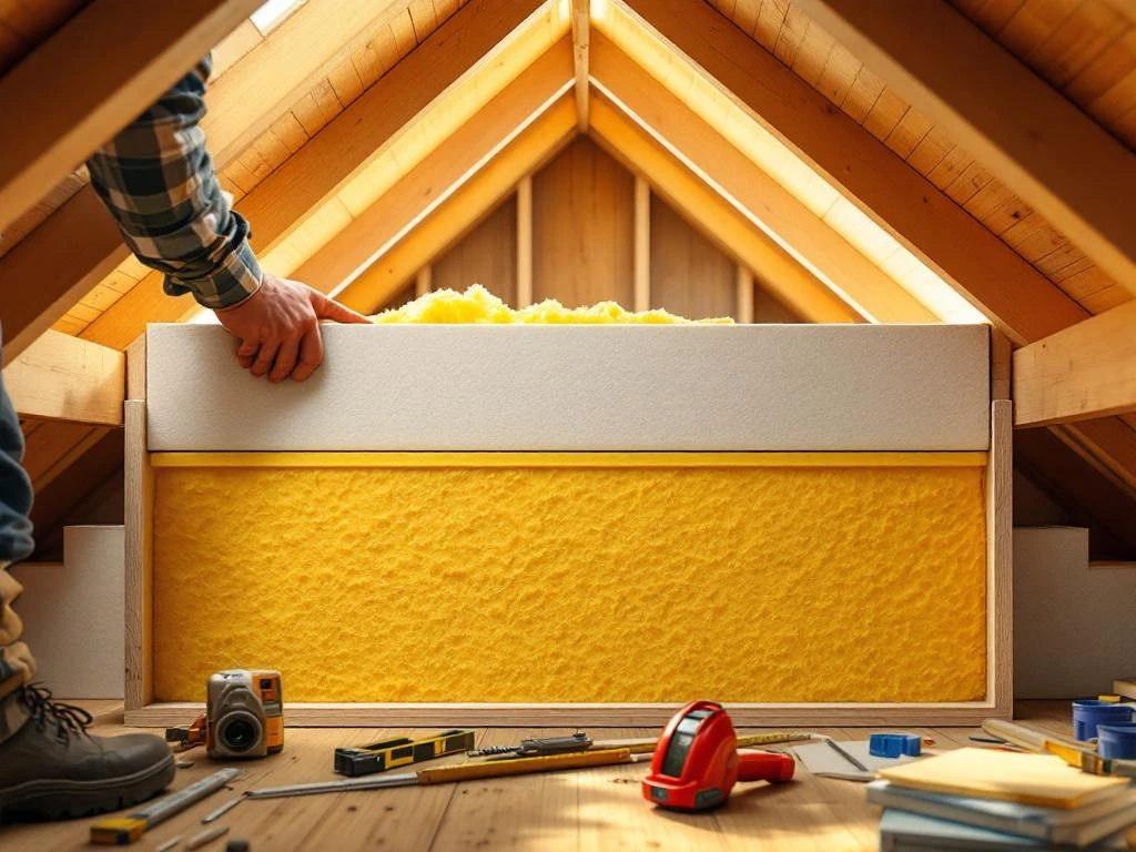 Bouwvakker installeert isolatieplaten tussen houten dakbalken in moderne huisdakconstructie met gereedschap op vloer