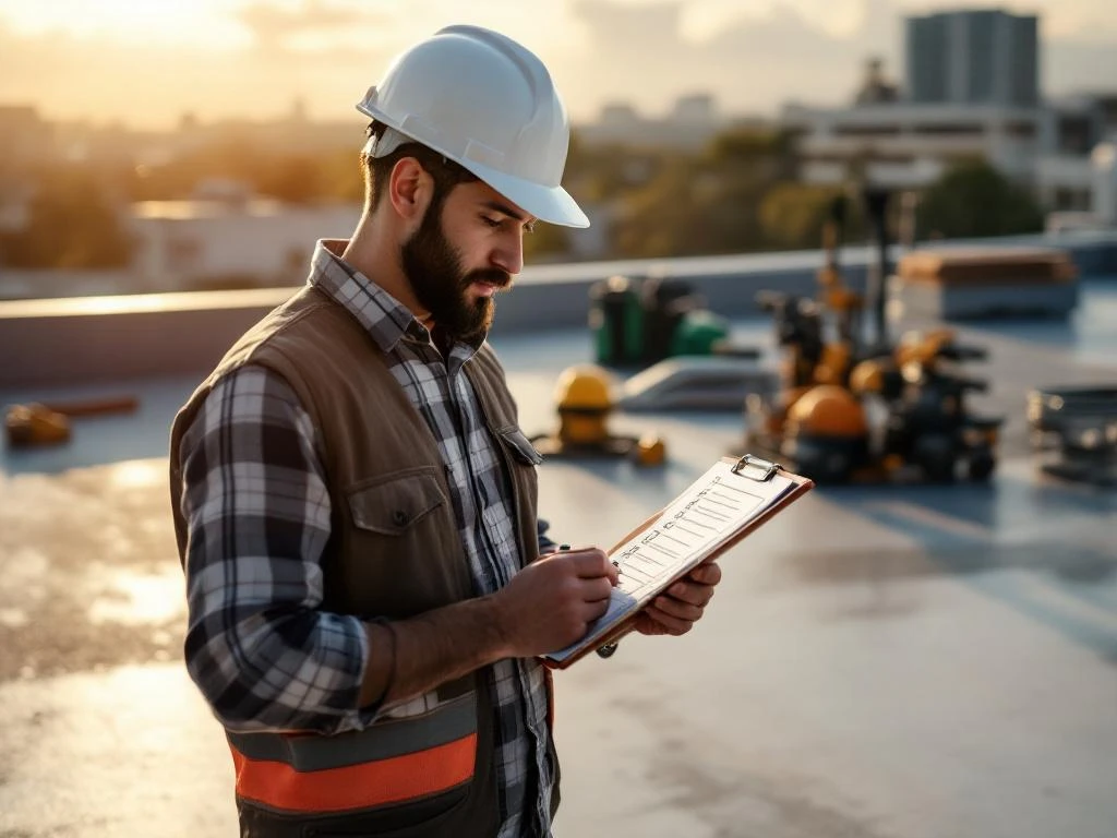 Professionele dakdekker met helm controleert onderhoudslijst op klembord naast moderne commerciële platte dak