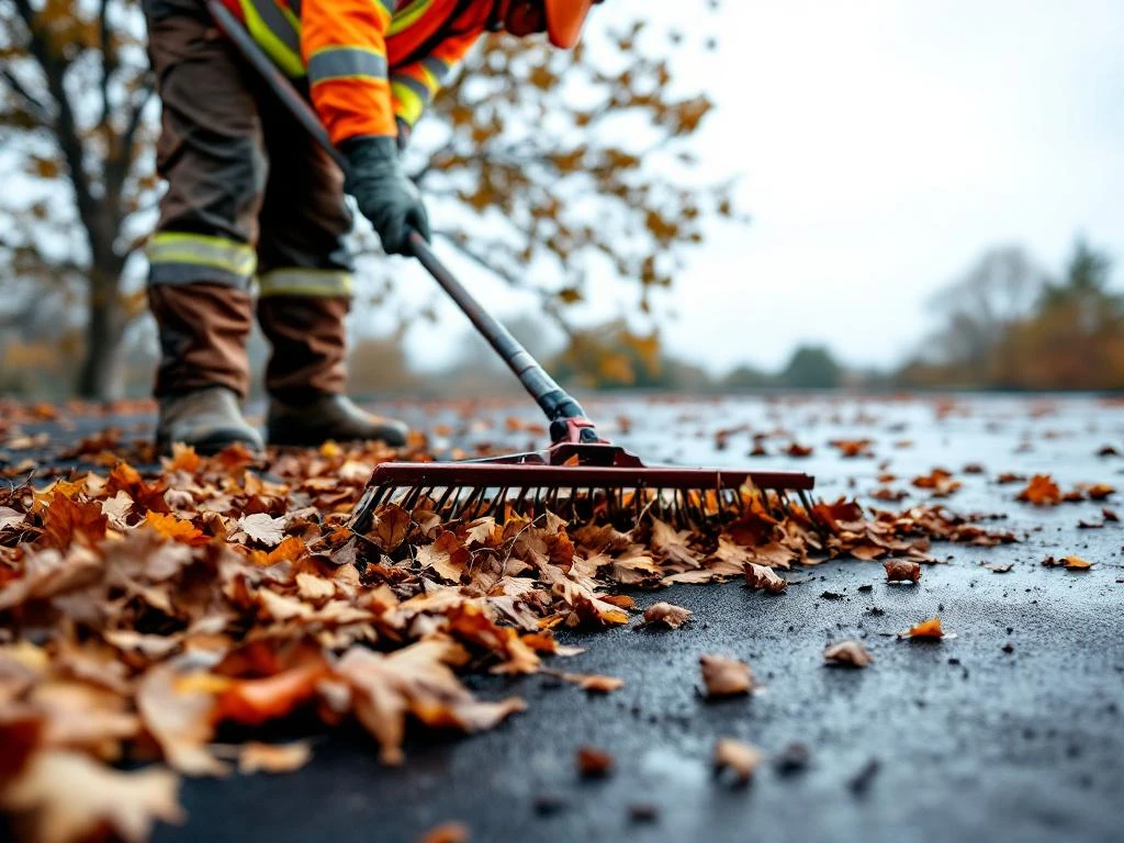 Onderhoudsmonteur in veiligheidsvest ruimt herfstbladeren van plat dak met speciale hark, contrast tussen vuile en schone delen