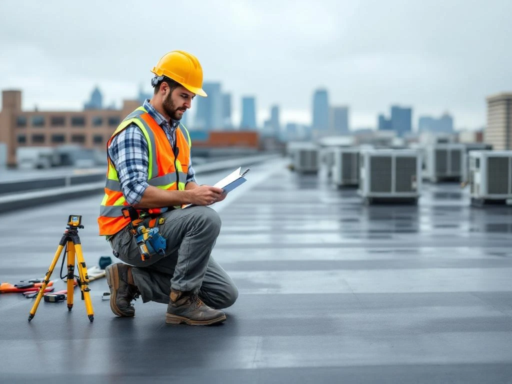 Bouwvakker in veiligheidsvest inspecteert plat dak met klembord, HVAC-systemen en gereedschap zichtbaar op stedelijk dak