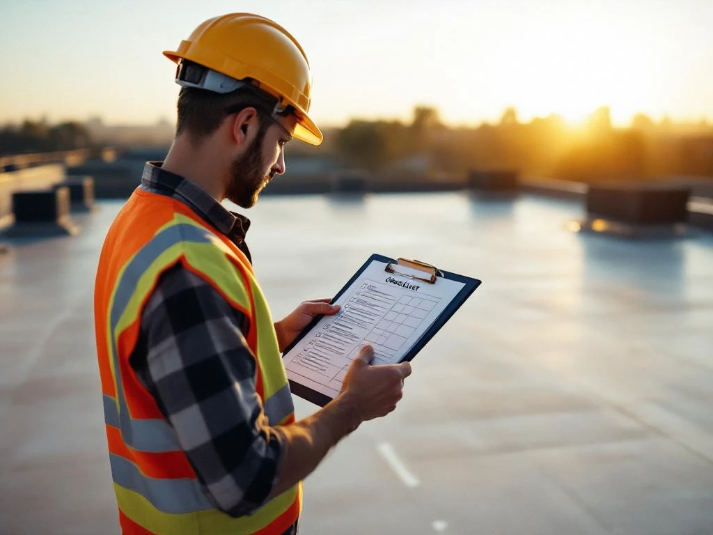 Bouwvakker in reflecterend vest controleert onderhoudslijst op klembord naast modern plat dak met ventilatiesystemen