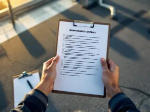 Aannemer houdt onderhoudscontract vast op EPDM plat dak met afvoersystemen, klembord en pen ernaast