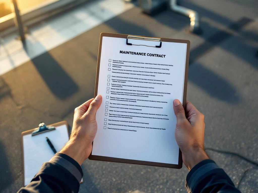 Aannemer houdt onderhoudscontract vast op EPDM plat dak met afvoersystemen, klembord en pen ernaast