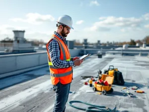 Professionele dakdekker controleert onderhoudslijst op plat commercieel dak met EPDM rubber membraan en gereedschap