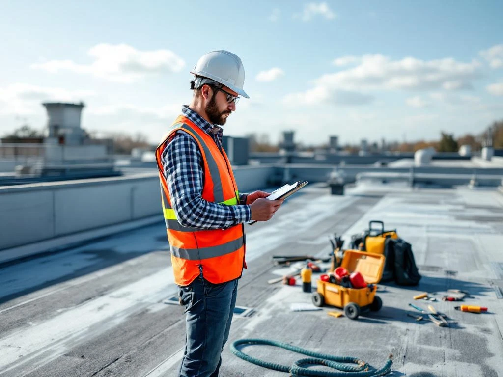 Professionele dakdekker controleert onderhoudslijst op plat commercieel dak met EPDM rubber membraan en gereedschap
