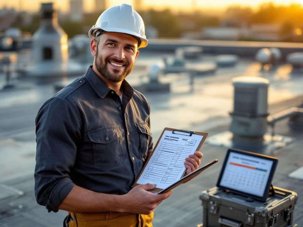 Professionele aannemer met inspectiechecklist op klembord staat op modern plat commercieel dak met metalen panelen