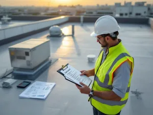 Bouwprofessional in veiligheidsvest controleert onderhoudslijst op modern commercieel dak met ventilatiesystemen