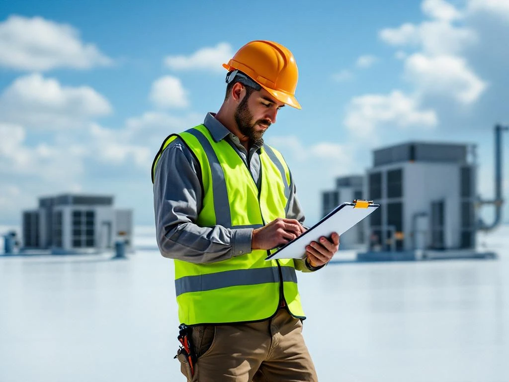 Professionele onderhoudsmonteur inspecteert commercieel dakmembraan met checklist, HVAC-units zichtbaar op achtergrond