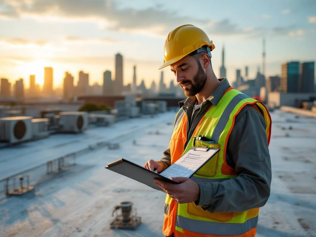 Bouwvakker in reflecterende kleding inspecteert commercieel dakmembraan met checklist, HVAC-units op achtergrond