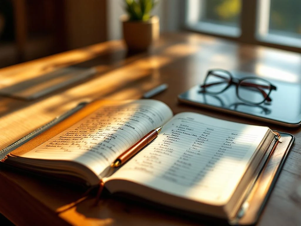 Open leren logboek met handgeschreven notities en moderne tablet met digitale dakonderhoudschema's op houten bureau