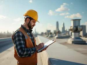 Bouwprofessional met helm controleert onderhoudslijst op klembord naast plat commercieel dak met ventilatiesystemen