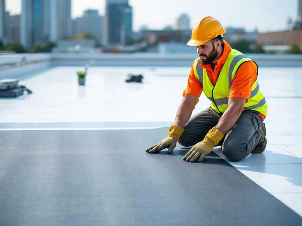 Professionele dakonderhoudsmonteur inspecteert plat dak met gereedschap, stedelijke achtergrond zichtbaar