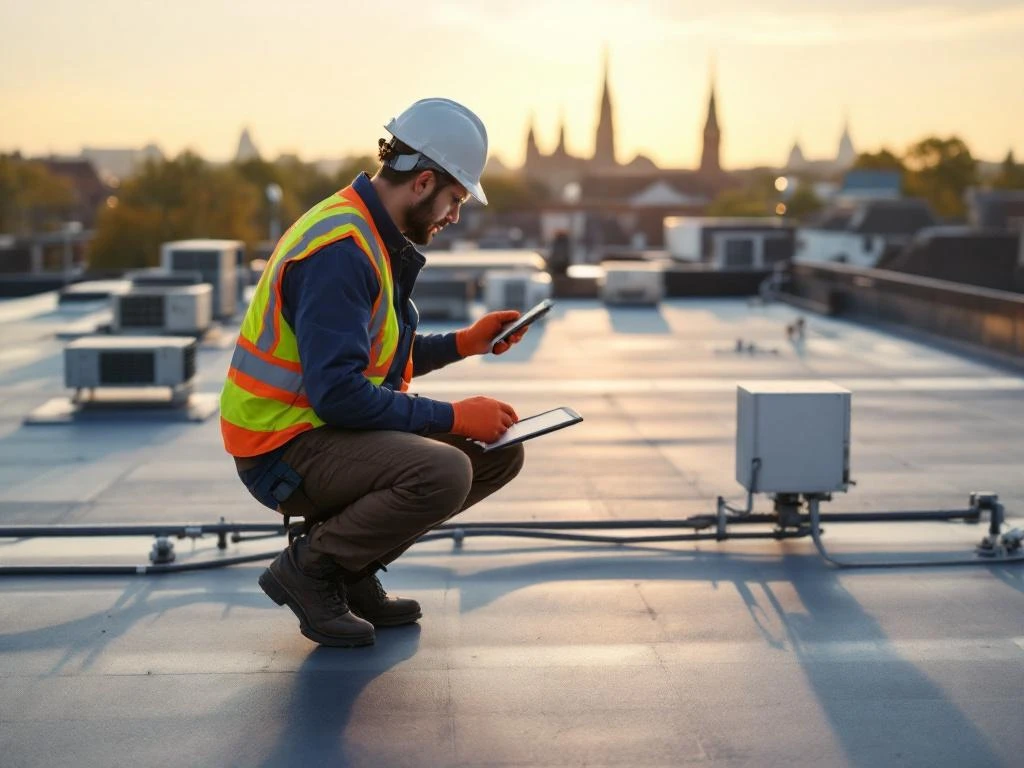 Onderhoudsmonteur in veiligheidskleding inspecteert HVAC-systemen op commercieel dak met tablet, Utrecht skyline op achtergrond