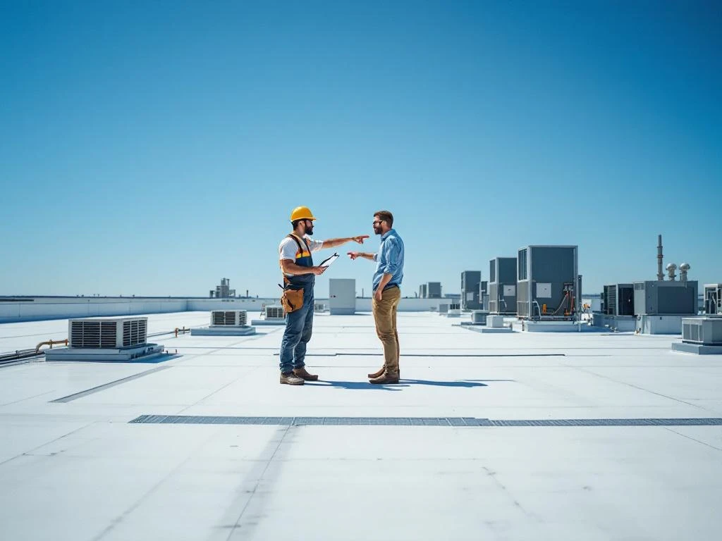 Dakspecialist inspecteert plat dak met eigenaar, HVAC-systemen zichtbaar op commercieel gebouw tegen blauwe hemel