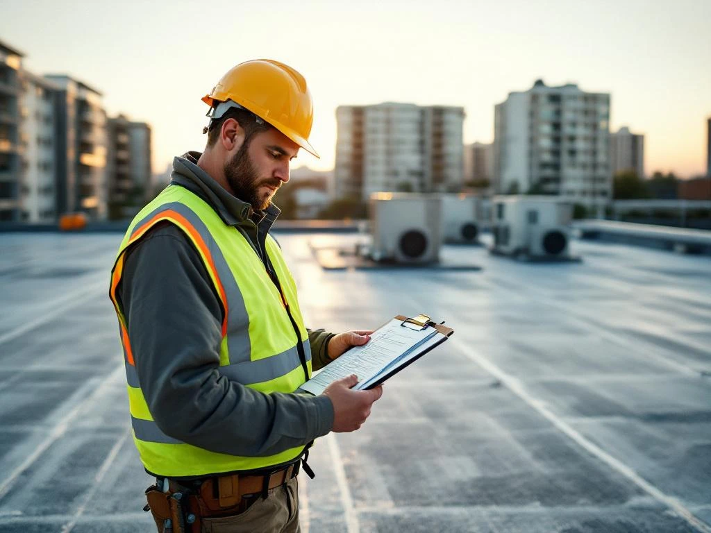 Bouwopzichter in veiligheidsvest inspecteert commercieel dak met checklist, HVAC-systemen zichtbaar op achtergrond