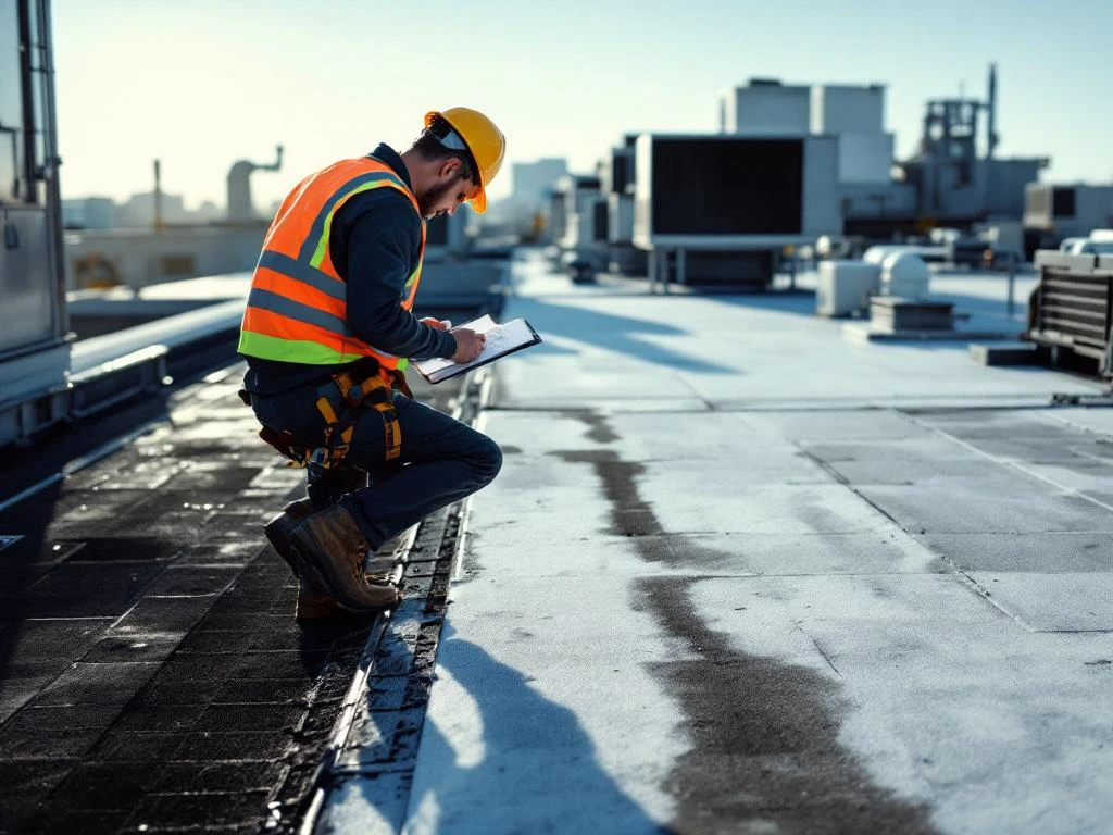 Onderhoudsmedewerker in veiligheidsvest inspecteert commercieel dak met klembord, HVAC-units op achtergrond