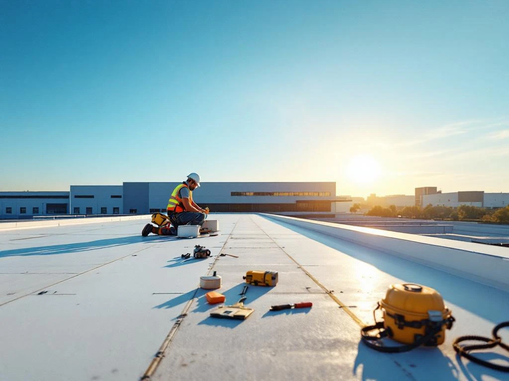 Onderhoudsmedewerker in veiligheidsvest inspecteert commercieel dakmembraan met professionele gereedschappen op industrieel gebouw