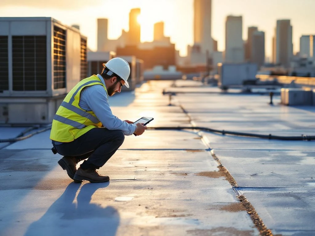 Professionele bouwinspecteur in veiligheidsvest onderzoekt HVAC-apparatuur op commercieel plat dak met tablet