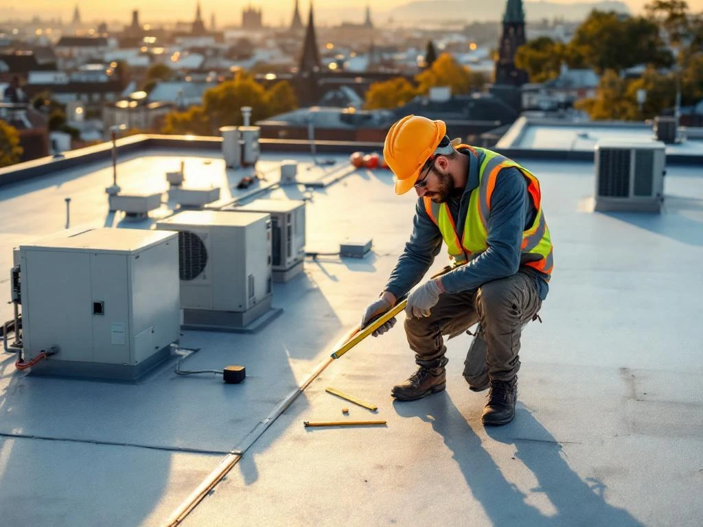 Professionele gebouwinspecteur met helm onderzoekt plat dak met meetgereedschap in Amersfoort bij zonsondergang
