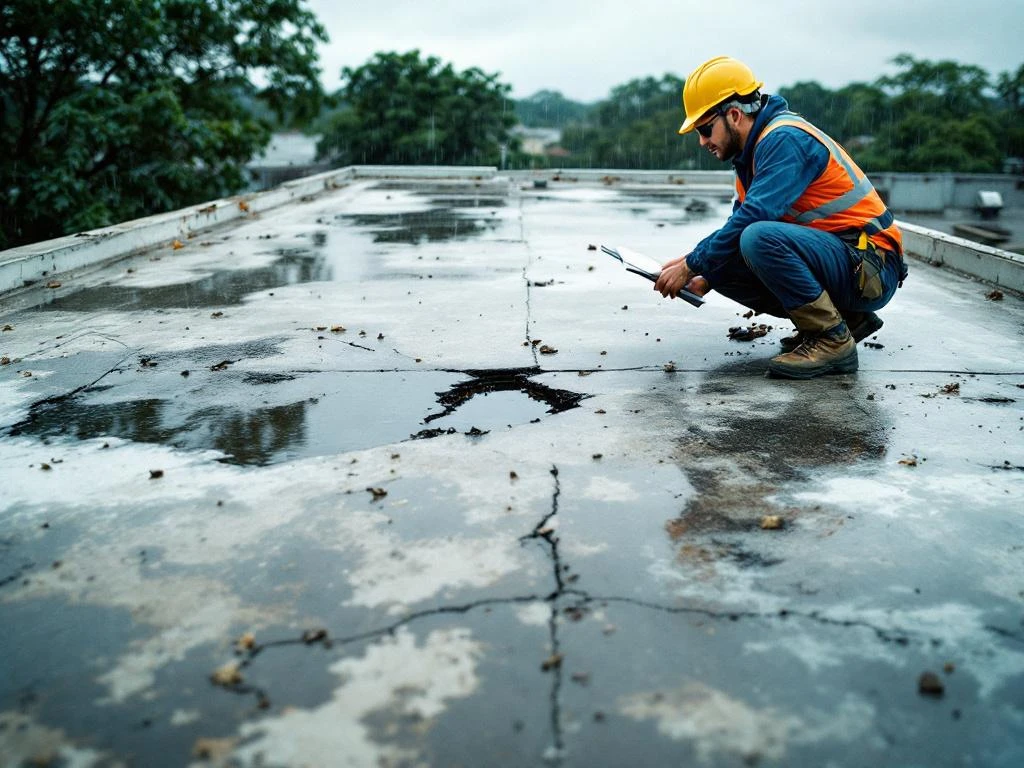 Professionele dakdekker inspecteert beschadigd plat dak met waterplassen en scheuren in dakbedekking