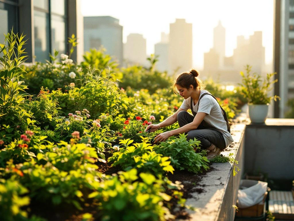 Persoon die planten verzorgt in weelderige daktuinbij zonsondergang met stadsgezicht op achtergrond