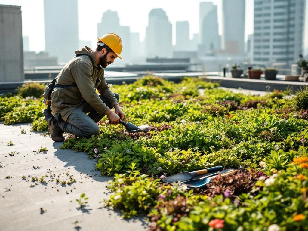 Onderhoudsmonteur knielt bij weelderige groendak met sedum planten en wilde bloemen, stadshorizon op achtergrond