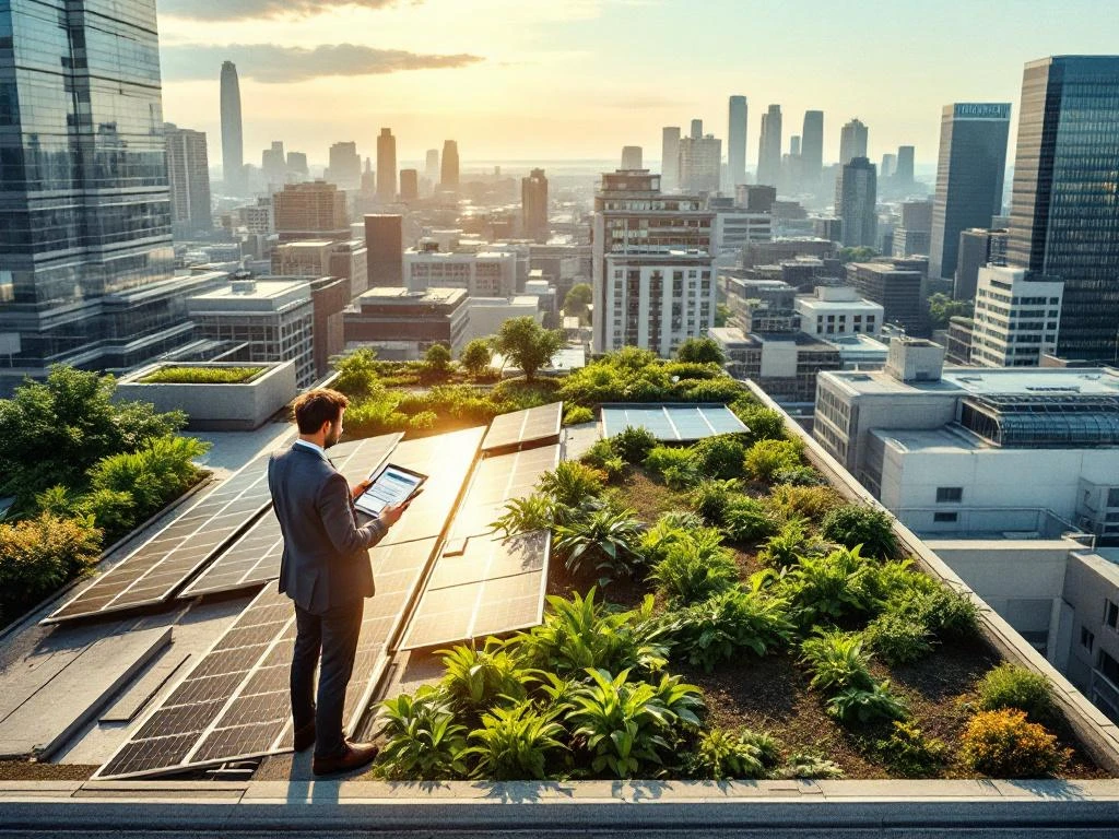 Stadsambtenaar met tablet onderzoekt groendak met zonnepanelen op gemeentegebouw tegen stedelijke horizon