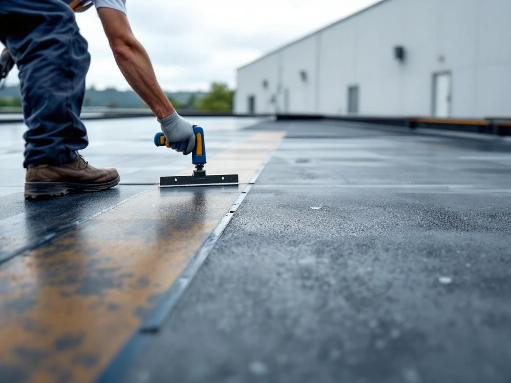 Professionele dakdekker inspecteert EPDM rubberen dakbedekking op modern plat dak van industrieel gebouw