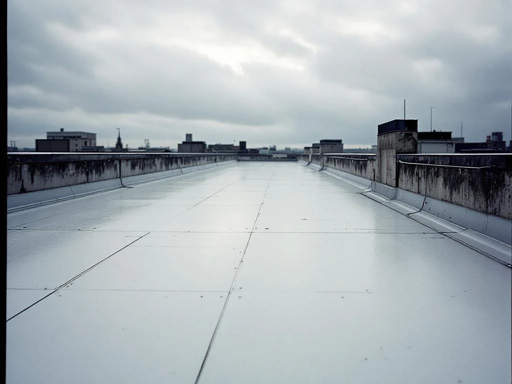 Moderne platte dak met EPDM rubberen membraan, drainage systemen en metalen randdetails tegen bewolkte hemel