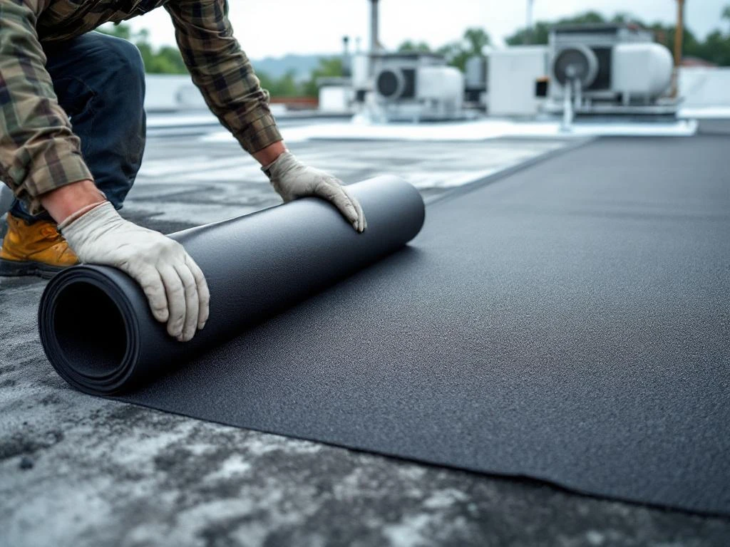 Dakdekker installeert zwart EPDM rubberen dakbedekking op plat dak met ventilatie-units op achtergrond