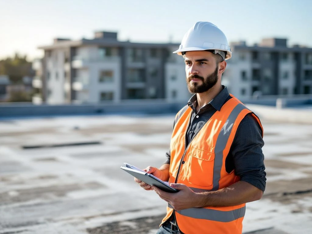 Professionele bouwinspecteur met veiligheidshelm inspecteert commercieel EPDM-dak met tablet en checklist