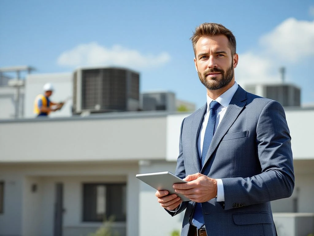 Professionele gebouwbeheerder met tablet voor modern appartementencomplex terwijl onderhoudstechnicus aan HVAC werkt