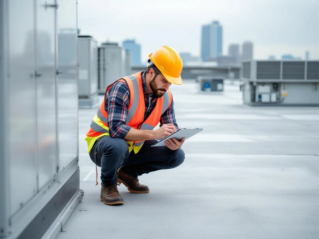Gebouwinspecteur met helm en veiligheidsvest inspecteert commercieel dak met tablet naast HVAC-apparatuur