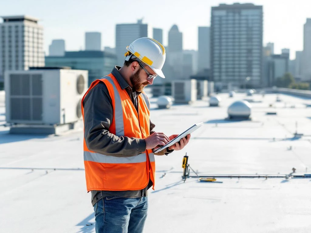 Professionele bouwinspecteur in veiligheidsvest onderzoekt plat dak met tablet en meetgereedschap, HVAC-units zichtbaar