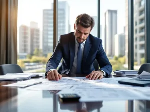 Gebouwbeheerder bestudeert architectuurtekeningen aan vergadertafel met calculator en budgetdocumenten in kantoor