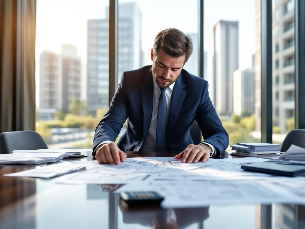Gebouwbeheerder bestudeert architectuurtekeningen aan vergadertafel met calculator en budgetdocumenten in kantoor
